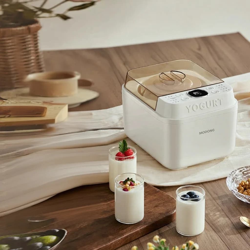 Elektrisk yoghurtmaskin med glassinnergryte og timer