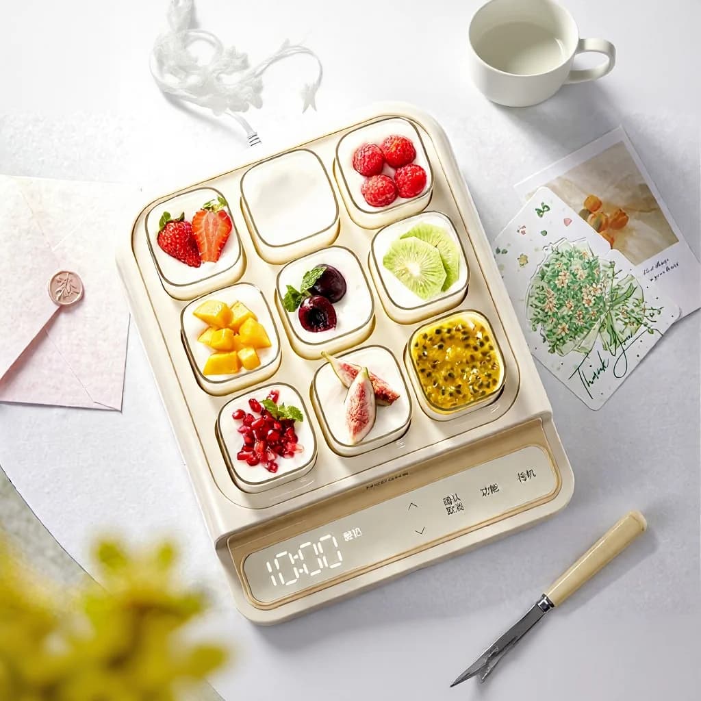 Elektrisk yoghurtmaskin med 9 kopputer og glass indre gryte