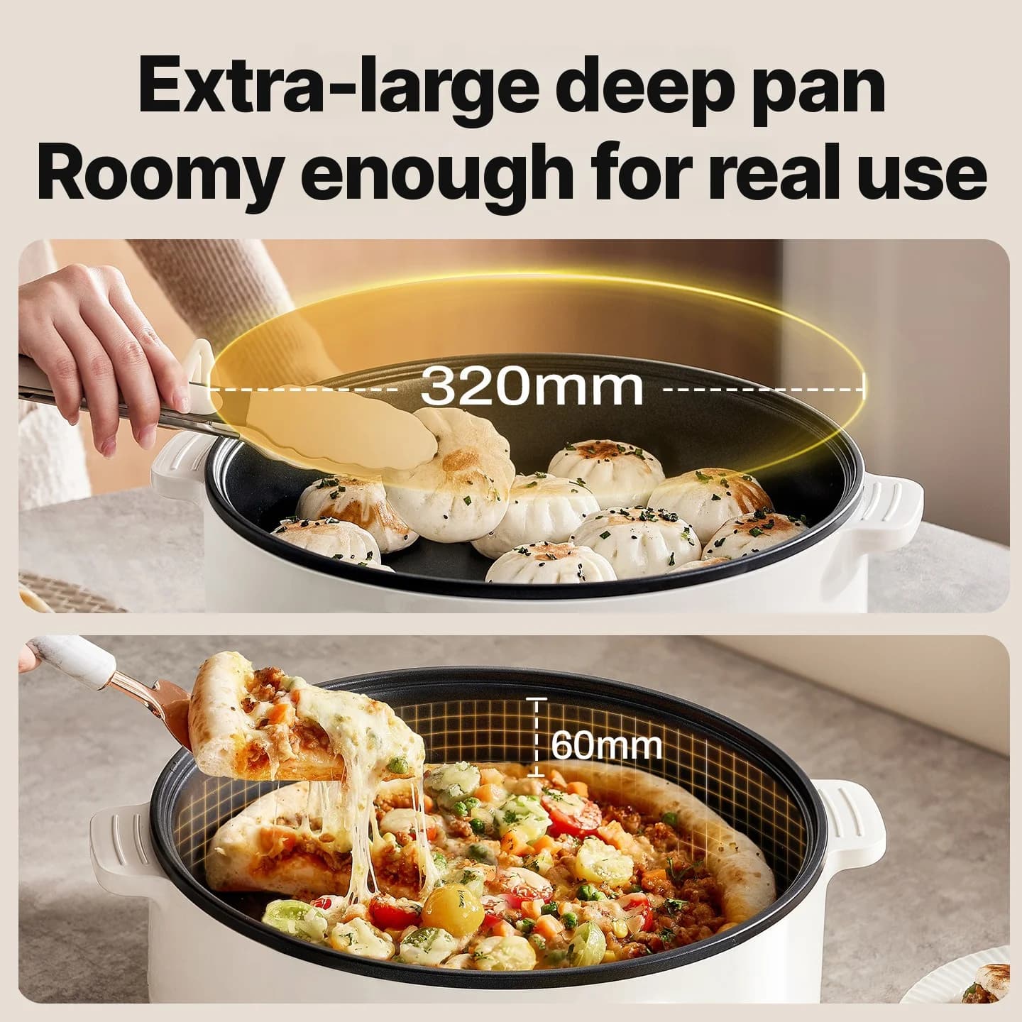 Elektrisk stekepanne med lokk 1800W 3 varmeinnstillinger, non-stick