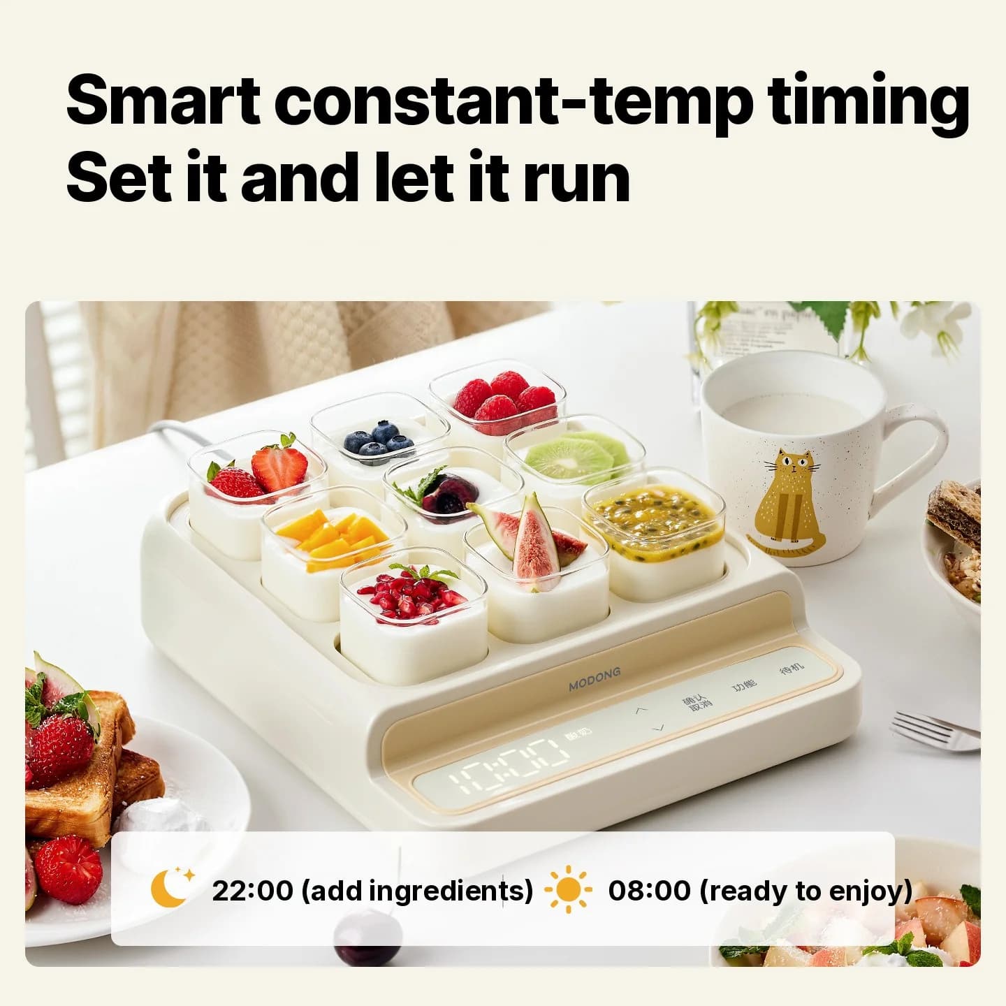 Yoghurtmaskin med 9 kopper, glass indre gryte og timer