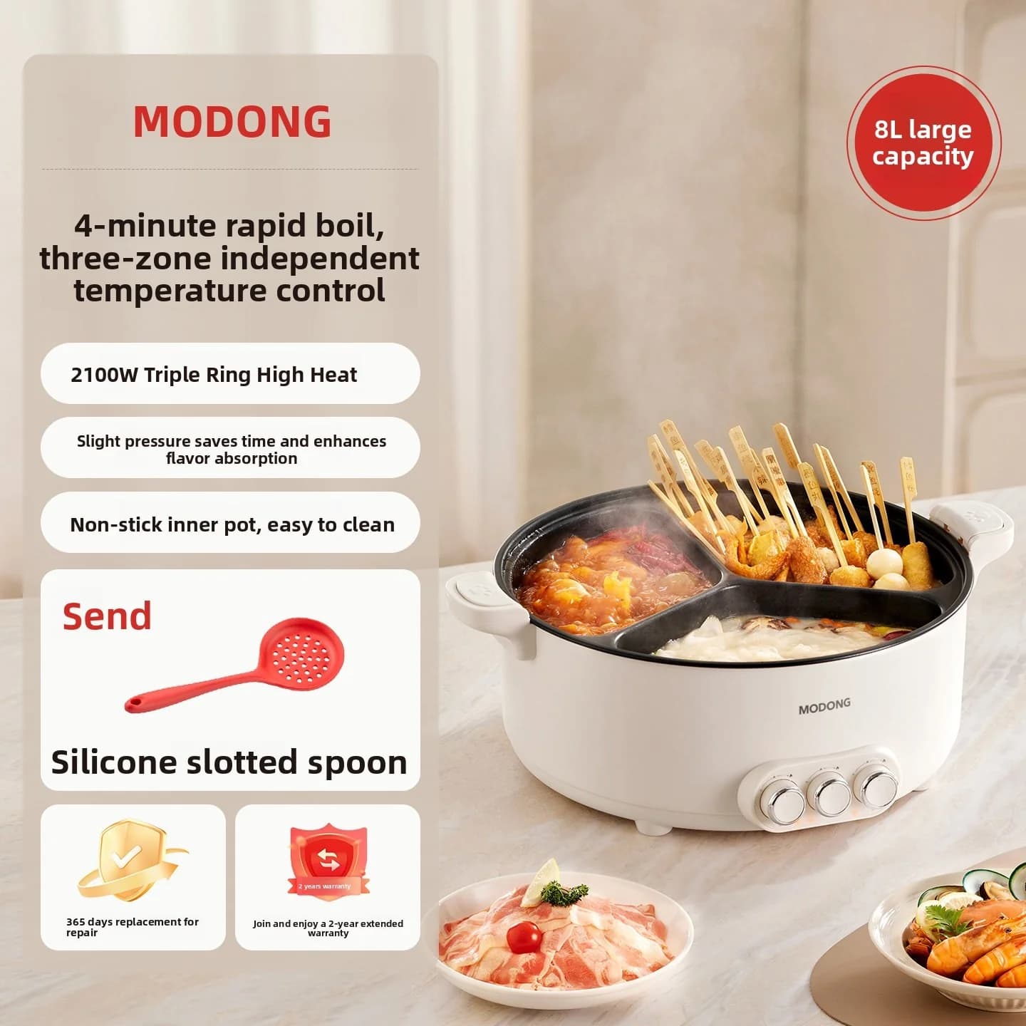 8L elektrisk dual-sone hot pot med justerbar temperatur