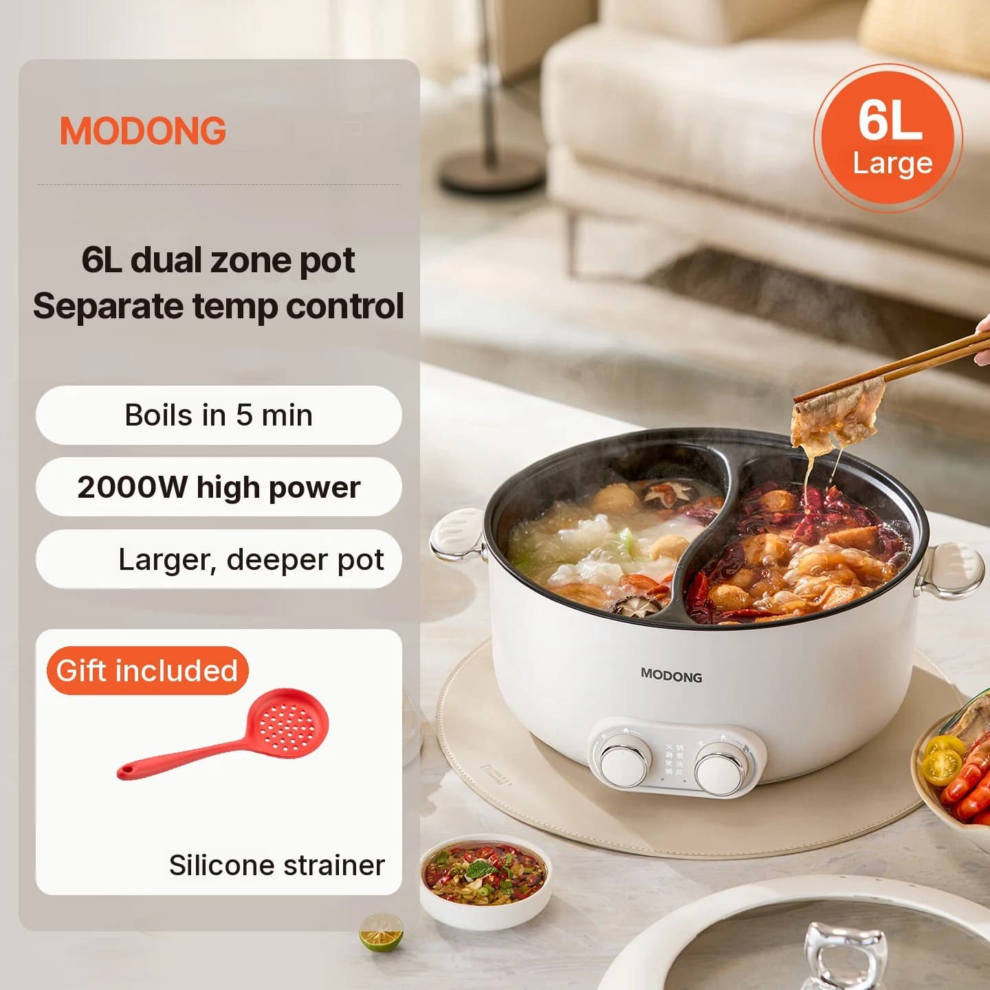 6L elektrisk hotpot med to soner og uavhengig temperaturkontroll
