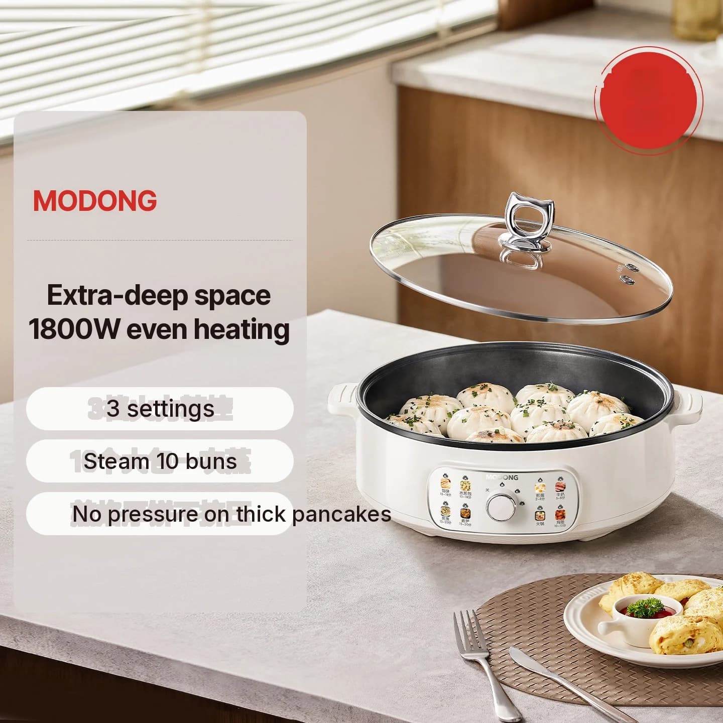 Elektrisk stekepanne med lokk 1800W 3 varmenivåer Non-Stick