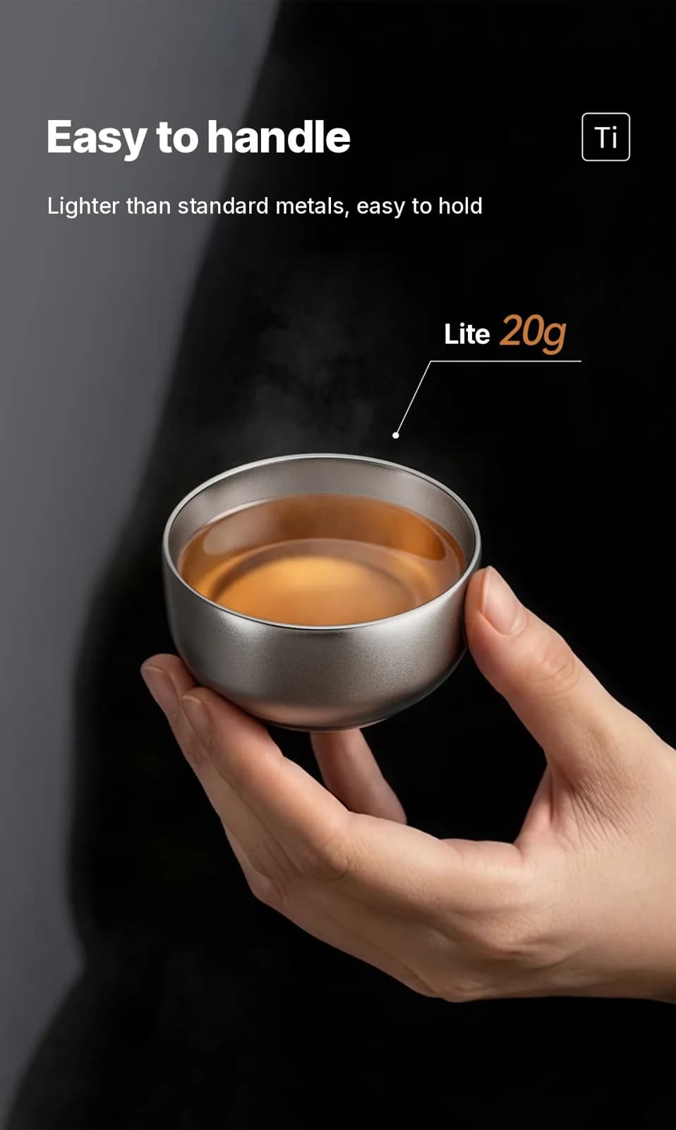 Gongfu tekoppsett i rent titan, 55 ml, håndlaget med naturlig finish