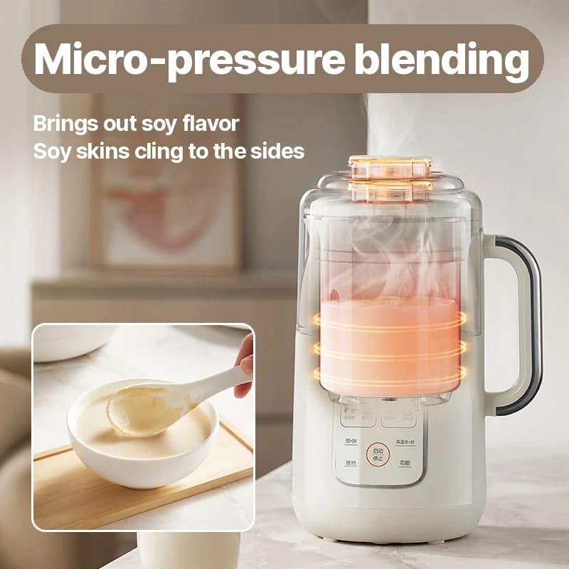 1,2 L oppvarmende soyamelk-maskin og blender med indre kjele i rustfritt stål