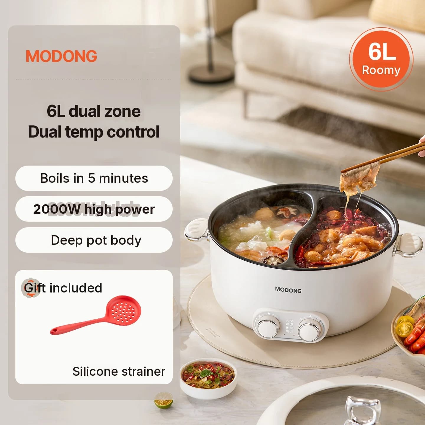 6L elektrisk hot pot med to soner og uavhengig temperaturkontroll