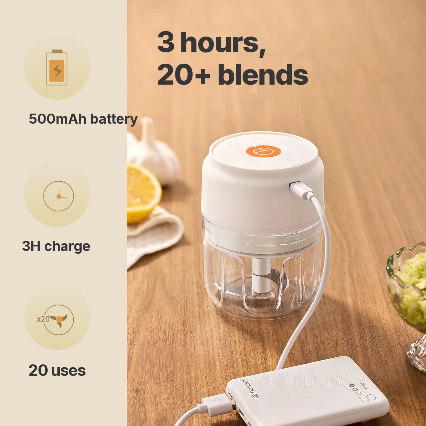 Trådløs elektrisk hvitløkhakkerkopp 250mL 5V 30W plast