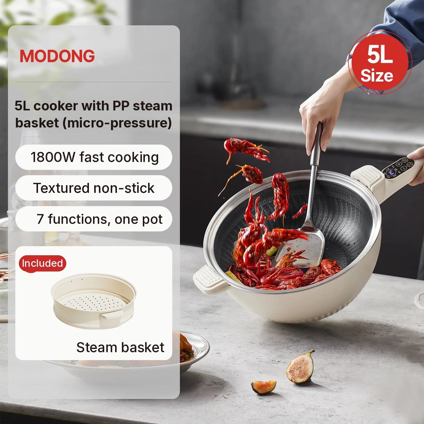 Elektrisk multifunksjonell hotpot med dampkurv 5L 220V