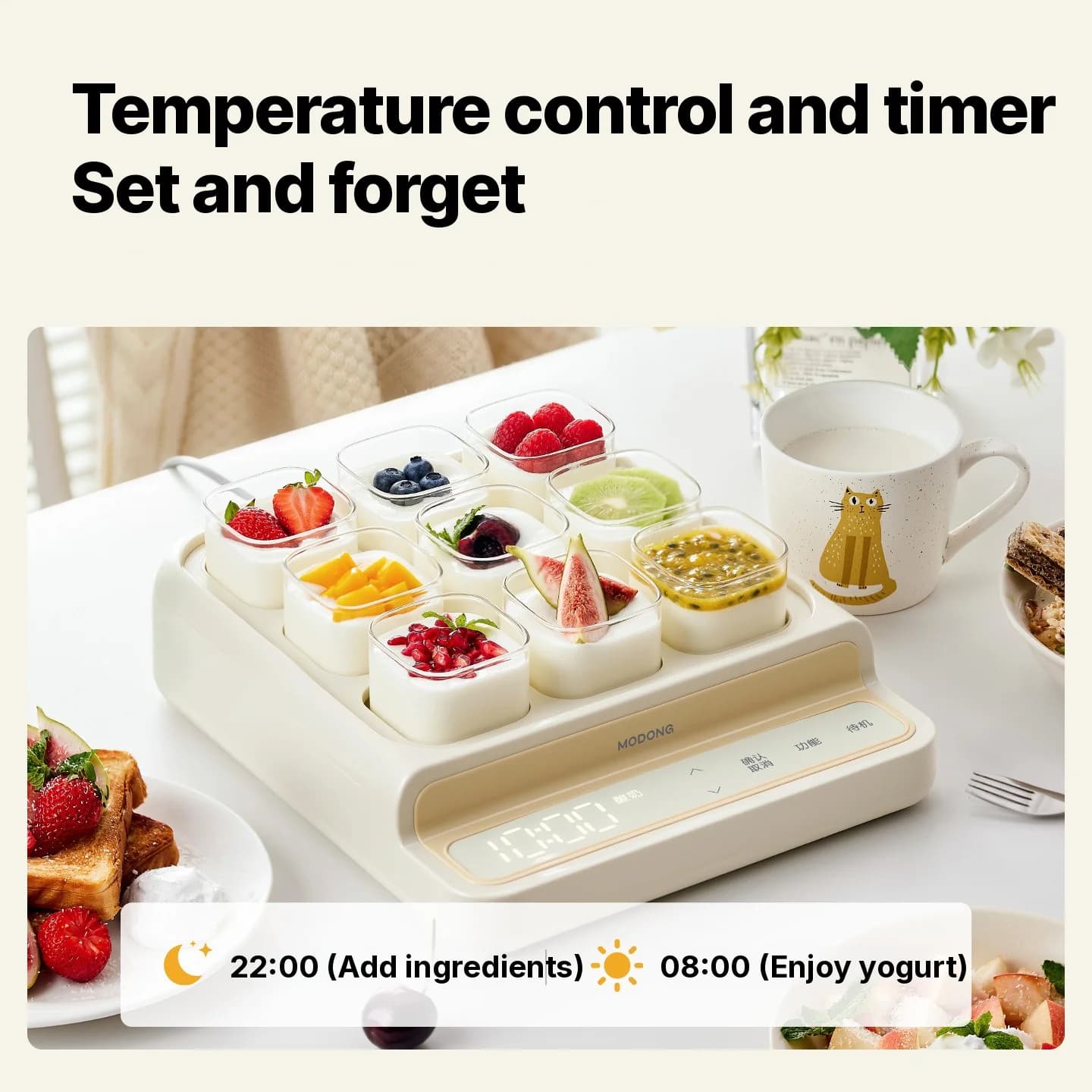 9-koppers yoghurtmaskin med innergryte i glass og timer