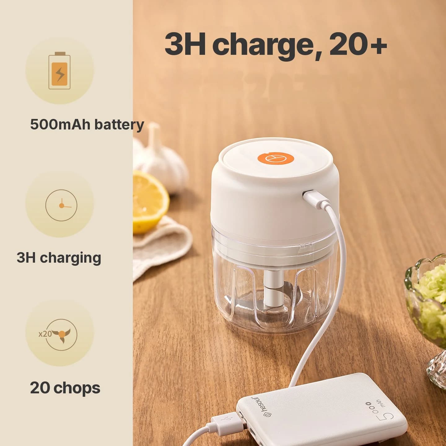 Trådløs elektrisk hvitløkshakker 250 mL 5V 30W plast
