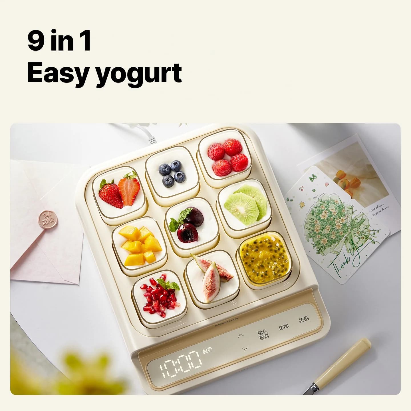 9-koppers yoghurtmaskin med innergryte i glass og timer