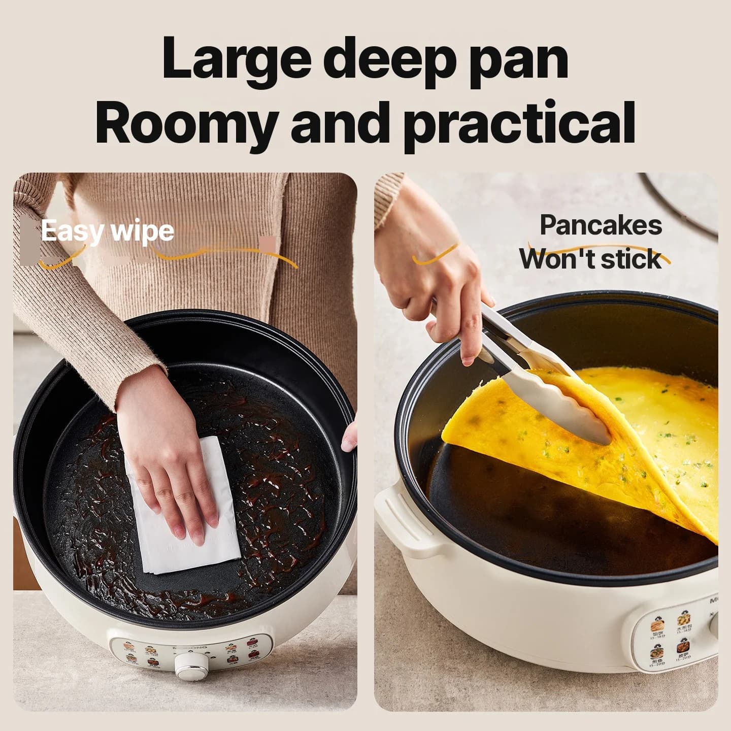 Elektrisk stekepanne med lokk 1800W 3 varmenivåer Non-Stick