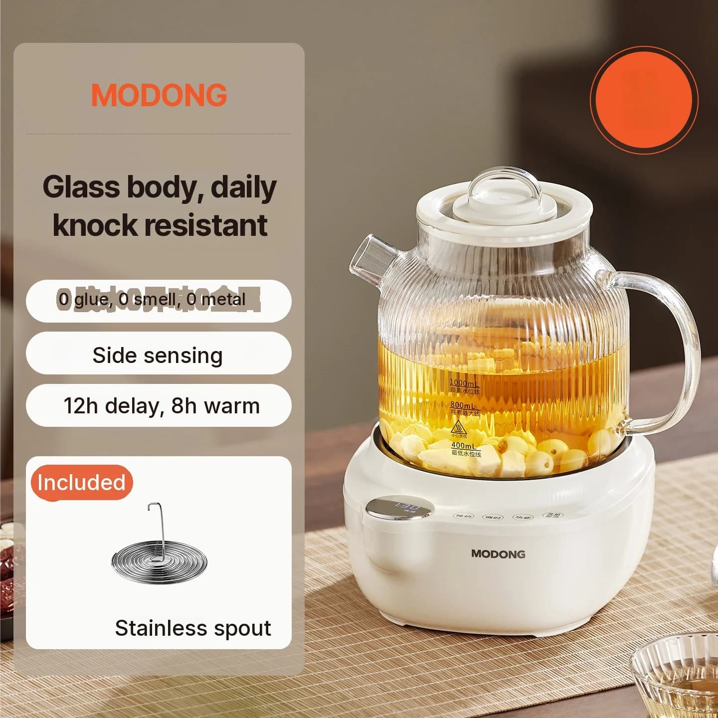 Elektrisk glass helsekanne med temperaturkontroll og dampinnsats til te